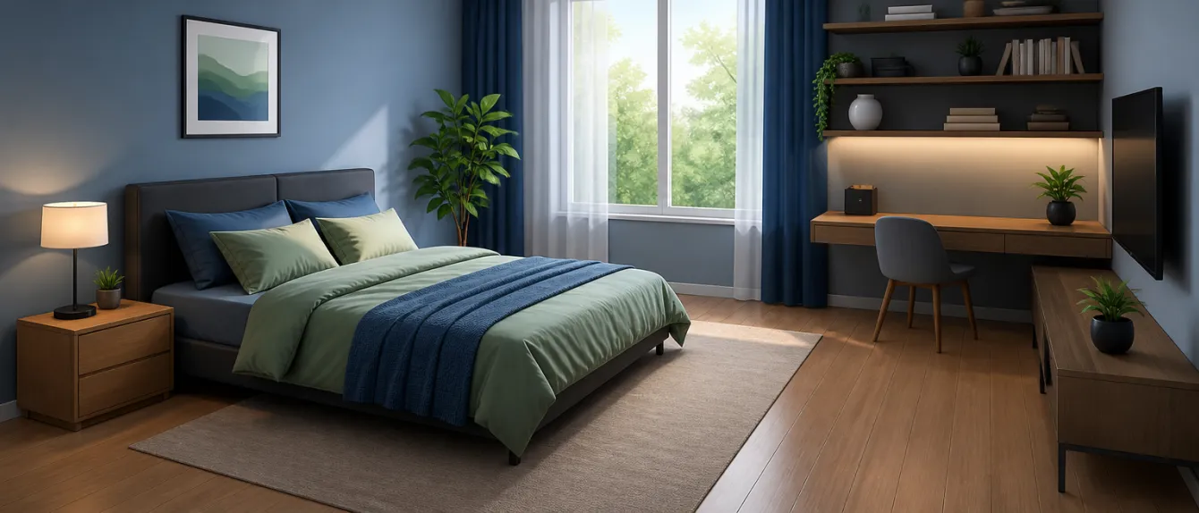 A modern bedroom setup focusing on organization and calming colors for better sleep.