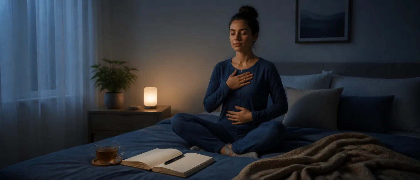 A person meditating on a bed with herbal tea and a sleep diary nearby.