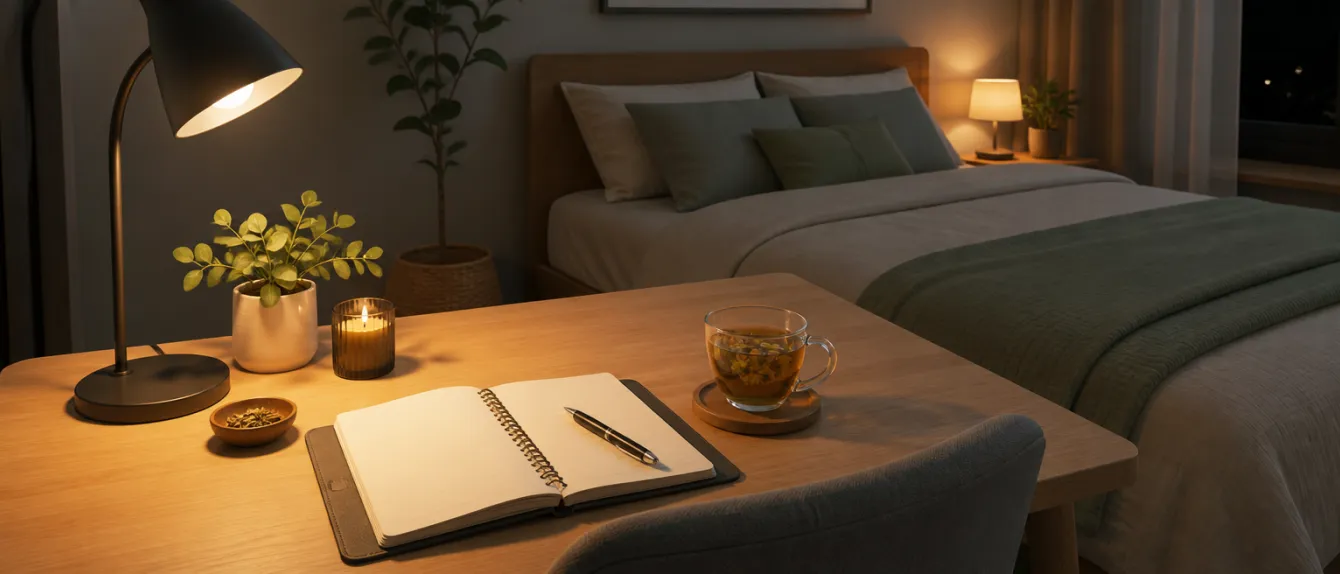 A person organizing a sleep diary with a cup of tea on a desk