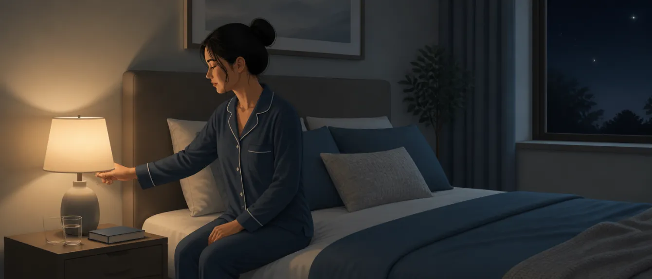 A cozy bedroom with a person adjusting a lamp for bedtime.
